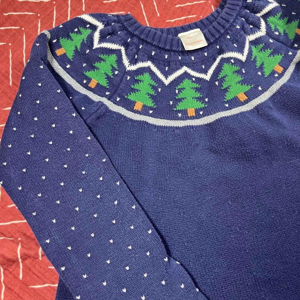 Hanna Andersson Kids Blue Christmas Tree Fair Isle Sweater Dress Size 150